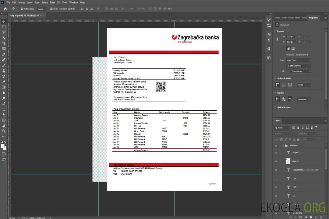 Croatie Relevé de la banque Zagrebačka template Croatie Relevé de la banque Zagrebačka template